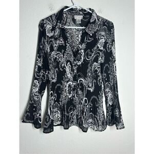 Bethany Women’s Bohemian Blouse Button Up Sheer Black White Vneck Sz XXL